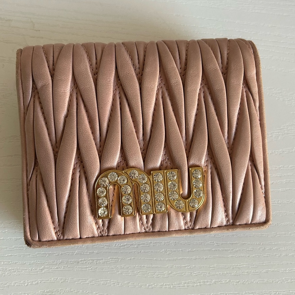 Miu Miu Pink Crystal Miu Matelassé Leather Wallet